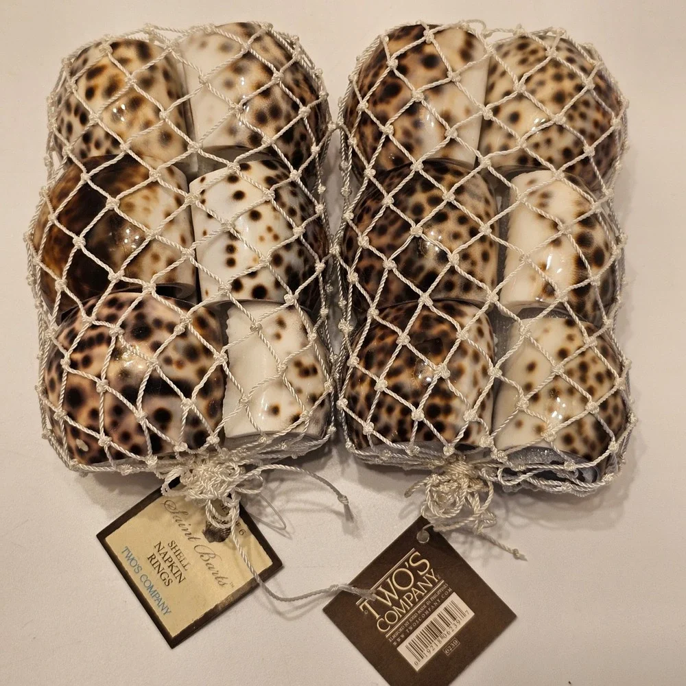 Twos Company Saint Barts Tiger Cowrie Shell Napkin Rings Set of 12 Vintage NEW